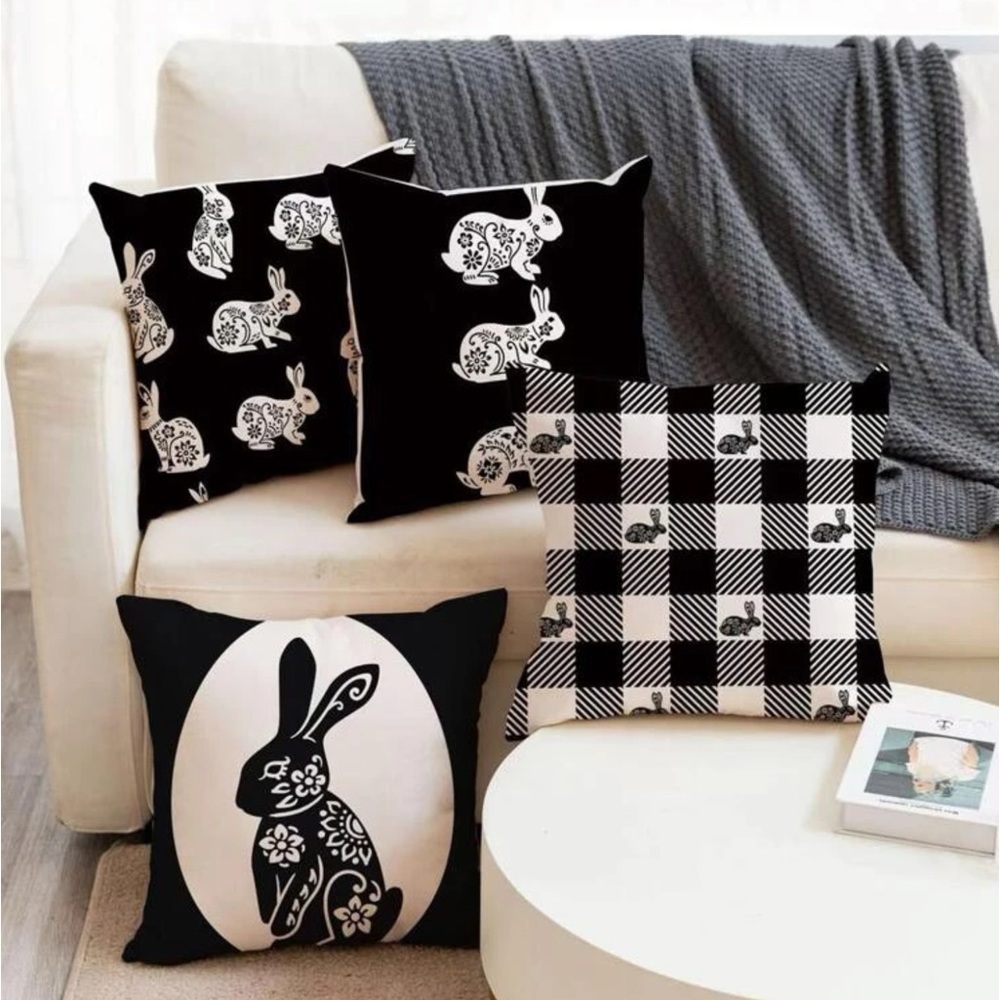 Seasonal Pillow Covers Easter Bunnies Zip Closure 17.7 In Black White Set of 2 - Picture 2 of 13